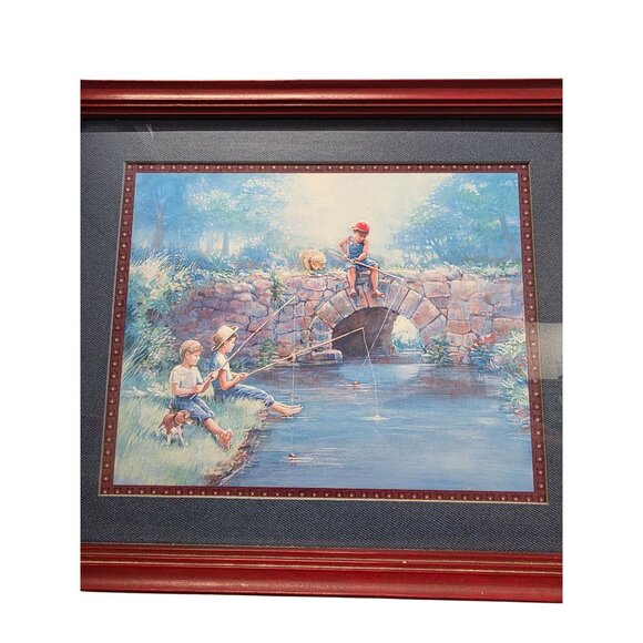 Vintage Framed Fishing Boys & Dog Artwork Picture - Picture 8 of 10